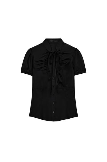 Zara TIED POPLIN TOP - Black