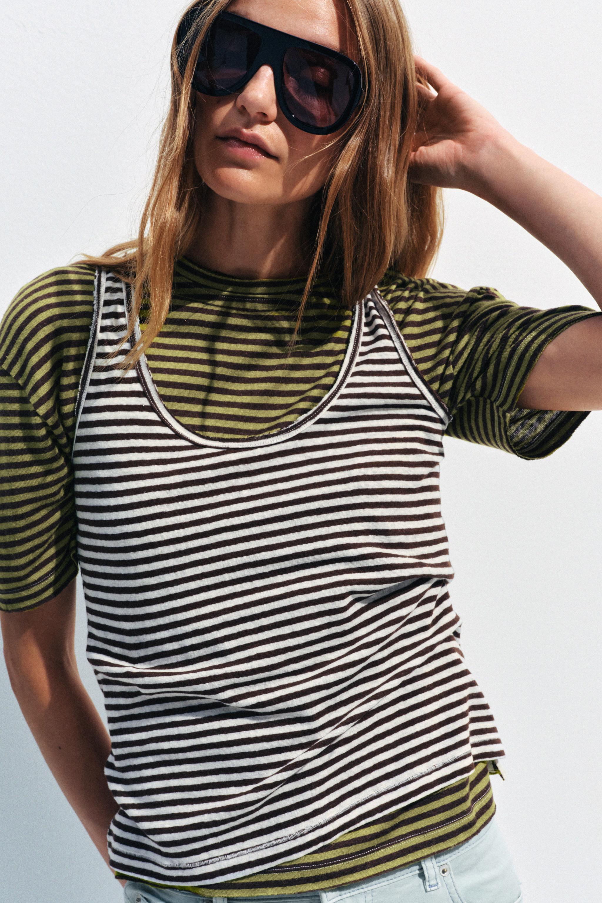 STRIPED COTTON AND LINEN TOP — Ecru / Brown