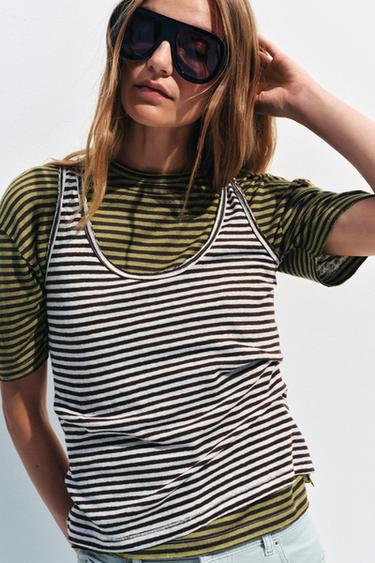 Zara STRIPED COTTON AND LINEN TOP - Ecru / Brown
