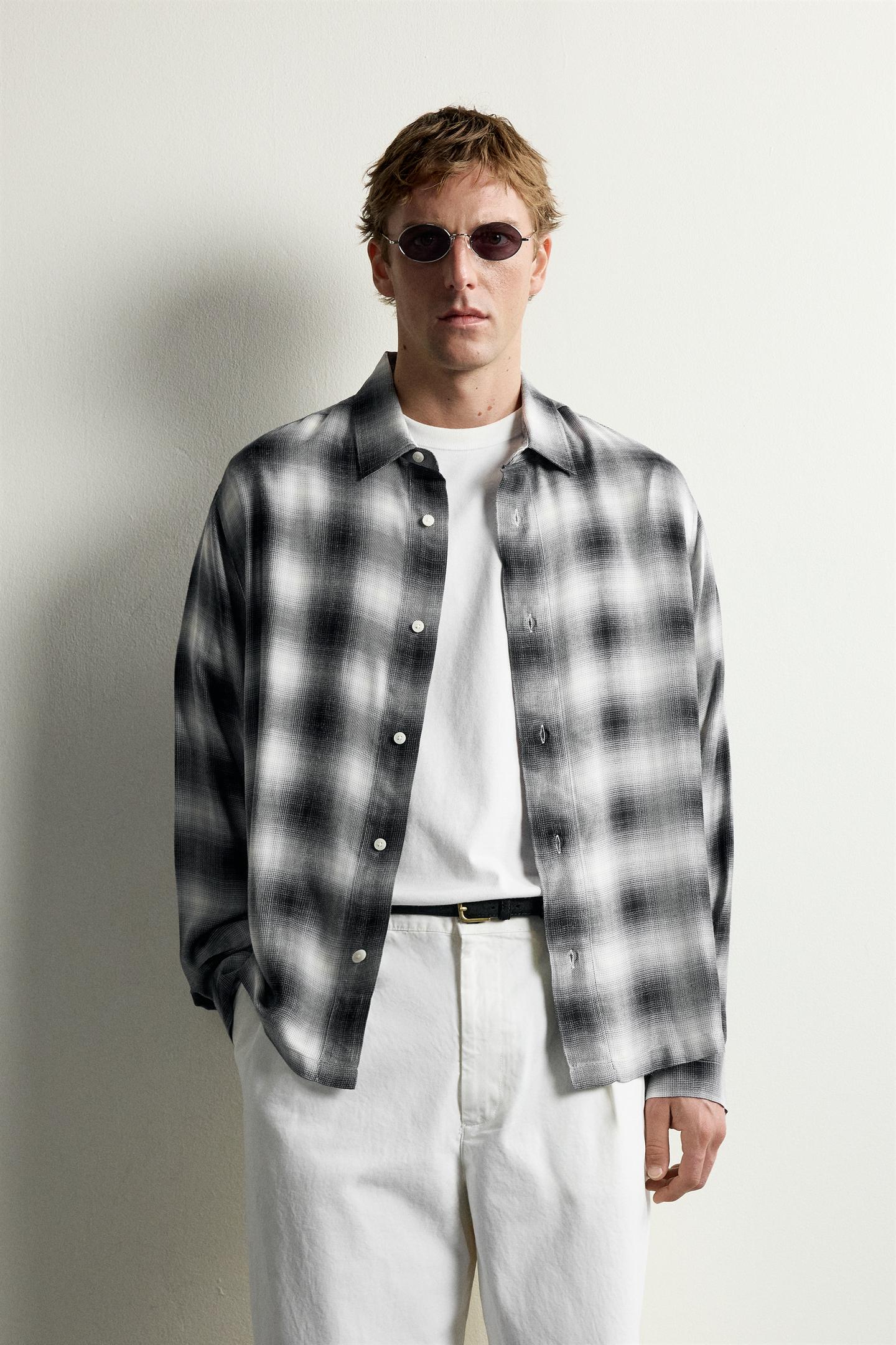 Мужская рубашка Zara Plaid Fluid, цвет: Чёрный — фото 2