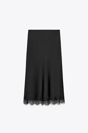 LACE SATIN MIDI SKIRT - Black by Zara
