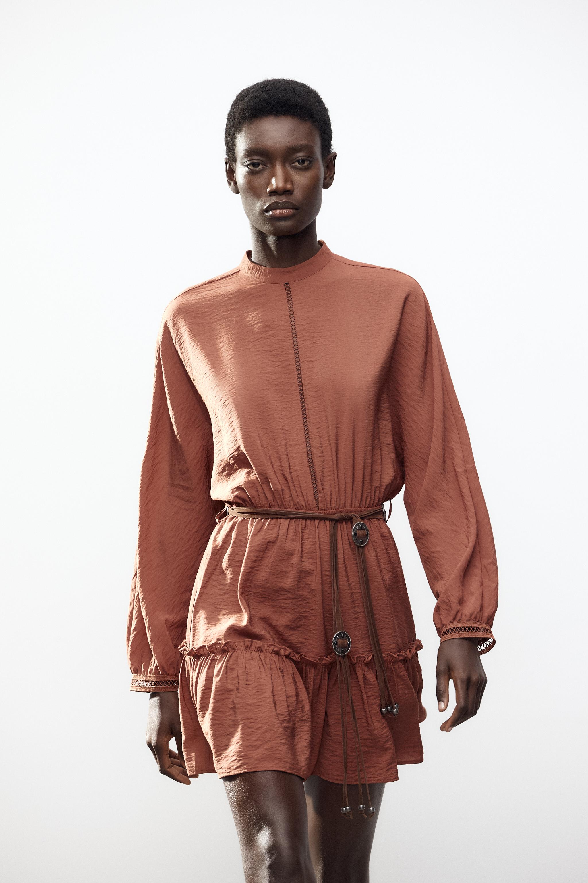ベルト付きショート丈レースワンピース - ライトブラウン | ZARA