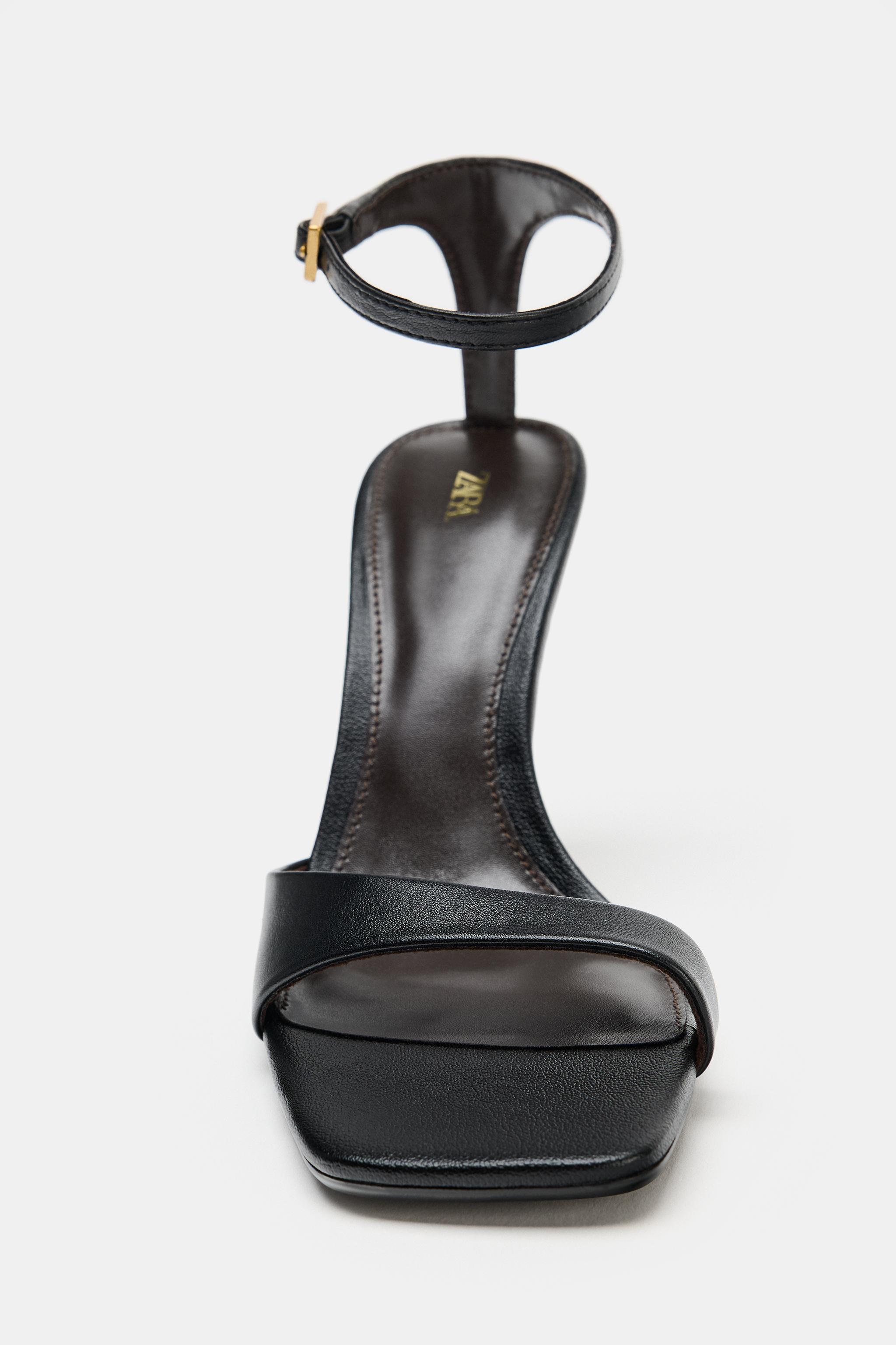 Женские сандалии Zara ASYMMETRIC LEATHER HEELED SANDALS — фото 4