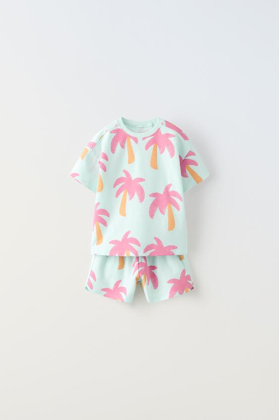 PALM TREE PRINT TSHIRT AND BERMUDA SHORTS COORD Turquoise ZARA