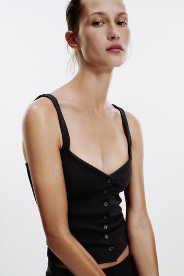 Zara BUTTONED SWEETHEART NECKLINE TOP - Black