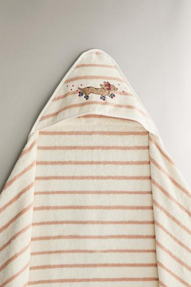 RĘCZNIK KĄPIELOWY DZIECIĘCY Z KAPTUREM PIES NA DESKOROLCE - Różowo-biały Zara