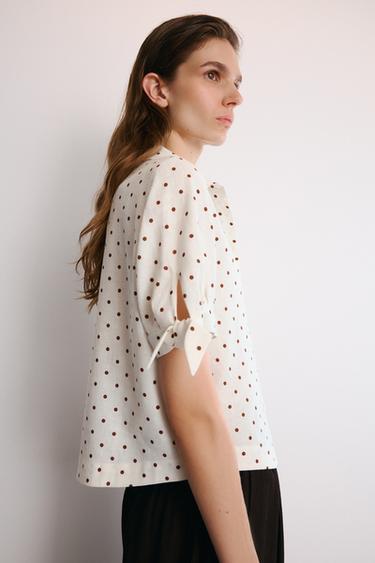 CAMISA MANGA CORTA LAZOS CON RAMIO - Beige-marro de Zara