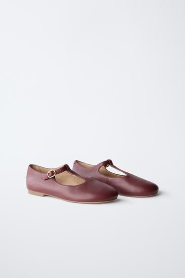 Zara LEATHER T-BAR BALLET FLATS - Maroon