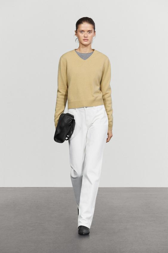 Zara 100% wool V-neck knit sweater - Olive green - Image 0