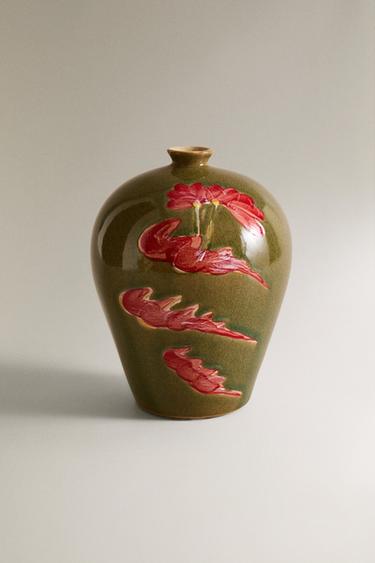 Zara STONEWARE VASE WITH RED FLOWER - 深綠色