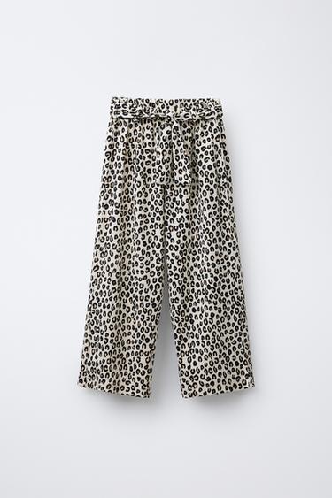 Zara ANIMAL PRINT TEXTURED WIDE LEG PANTS WITH BELT - Leopard