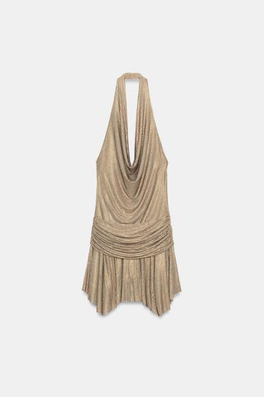 ROBE COURTE HALTER DRAPÉE À BRILLANTS - Bronze de Zara