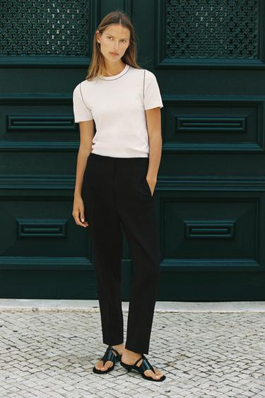 ТРИКОТАЖНЫЙ ТОП С КОРОТКИМИ РУКАВАМИ И ОКАНТОВКОЙ — БЕЛЫЙ / МОРСКОЙ СИНИЙ от Zara
