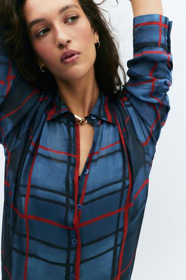 CAMISA CUADROS SEMITRANSPARENTE - Azules de Zara