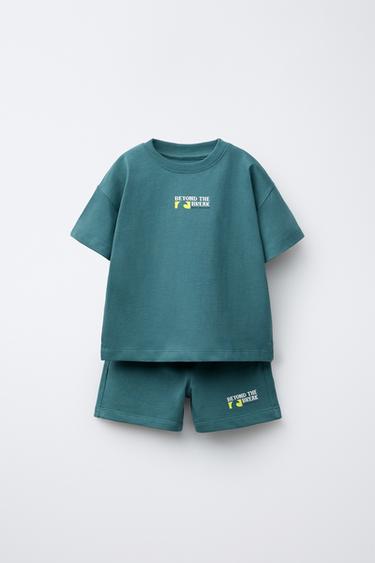 Zara T-SHIRT AND BERMUDA SHORTS SET WITH TEXT PRINT - Deep blue