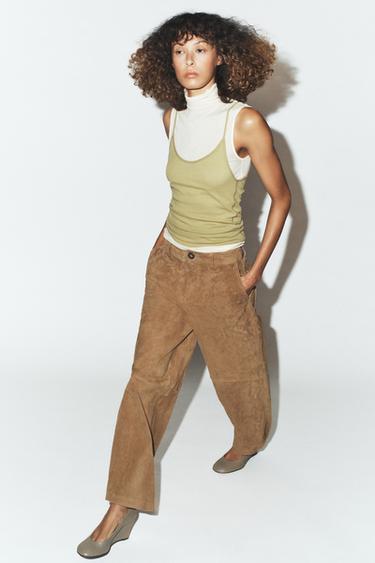 PANTALON 100% CUIR DAIM - Marron clair de Zara - Image 2