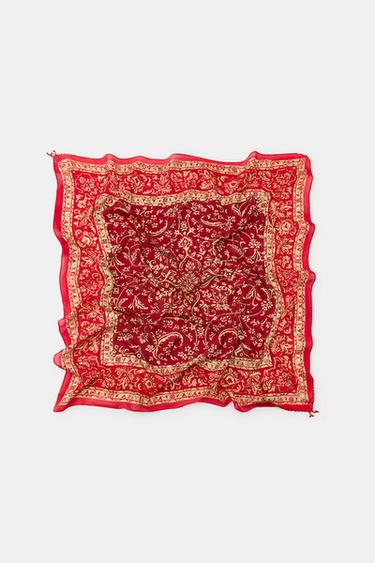 BEADED SILK PRINT SCARF - Red by Zara
