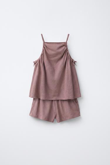 Zara COTTON AND LINEN BLEND TOP AND SHORTS SET - Brown / Taupe