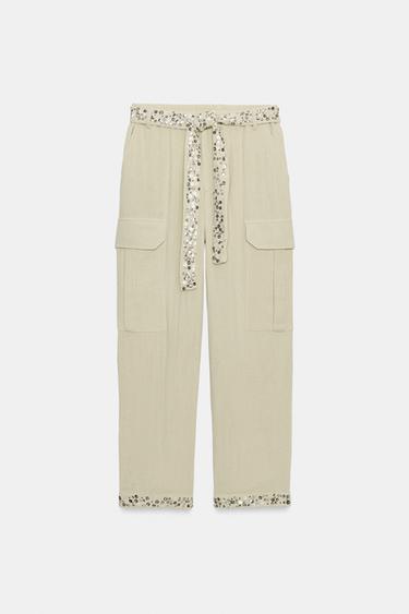 PANTALON CARGO SEQUINS ZW COLLECTION - Kaki clair de Zara - Image 4