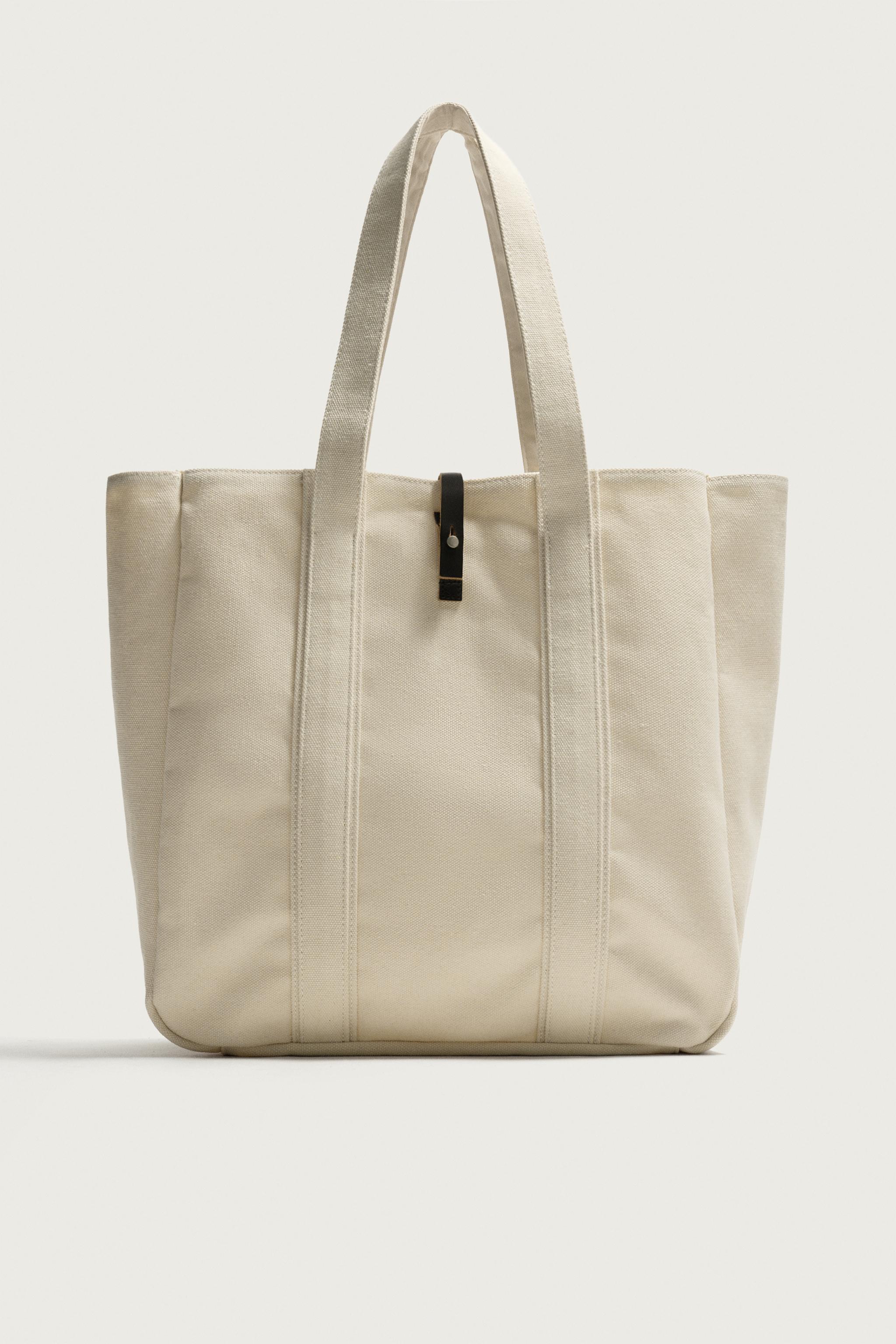 FABRIC SHOPPER WITH LEATHER CLOSURE — Off White