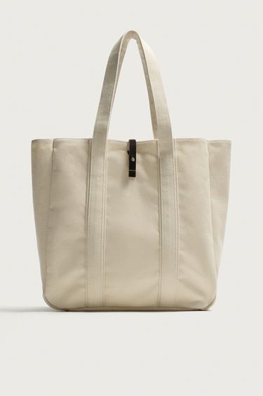 BOLSO TOTE DE TELA CON CIERRE DE CUERO