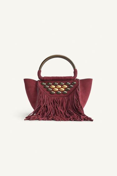 MINI CITY BAG À FRANGES EN CROÛTE DE CUIR ÉDITION LIMITÉE - Bordeaux de Zara