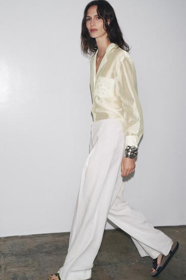 Zara ZW COLLECTION EMBROIDERED POCKET SHIRT - Yellow