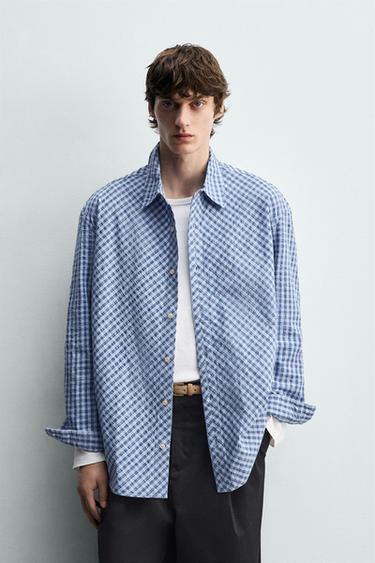 Zara RELAXED FIT TEXTURED PLAID SHIRT - Blue
