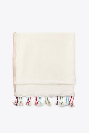 Zara LINEN SCARF WITH POMPOMS - Ecru