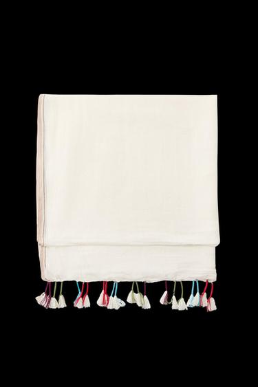 Zara LINEN SCARF WITH POMPOMS - Ecru - Image 0