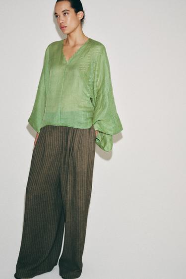 CHEMISE À RAYURES RAMIE ZW COLLECTION - Vert / Écru de Zara - Image 3