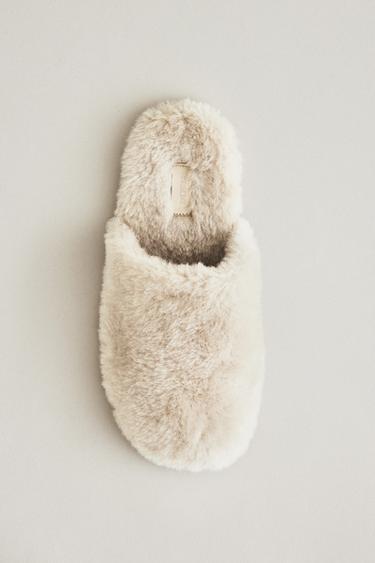 Zara FAUX FUR MULE SLIPPERS - Beige