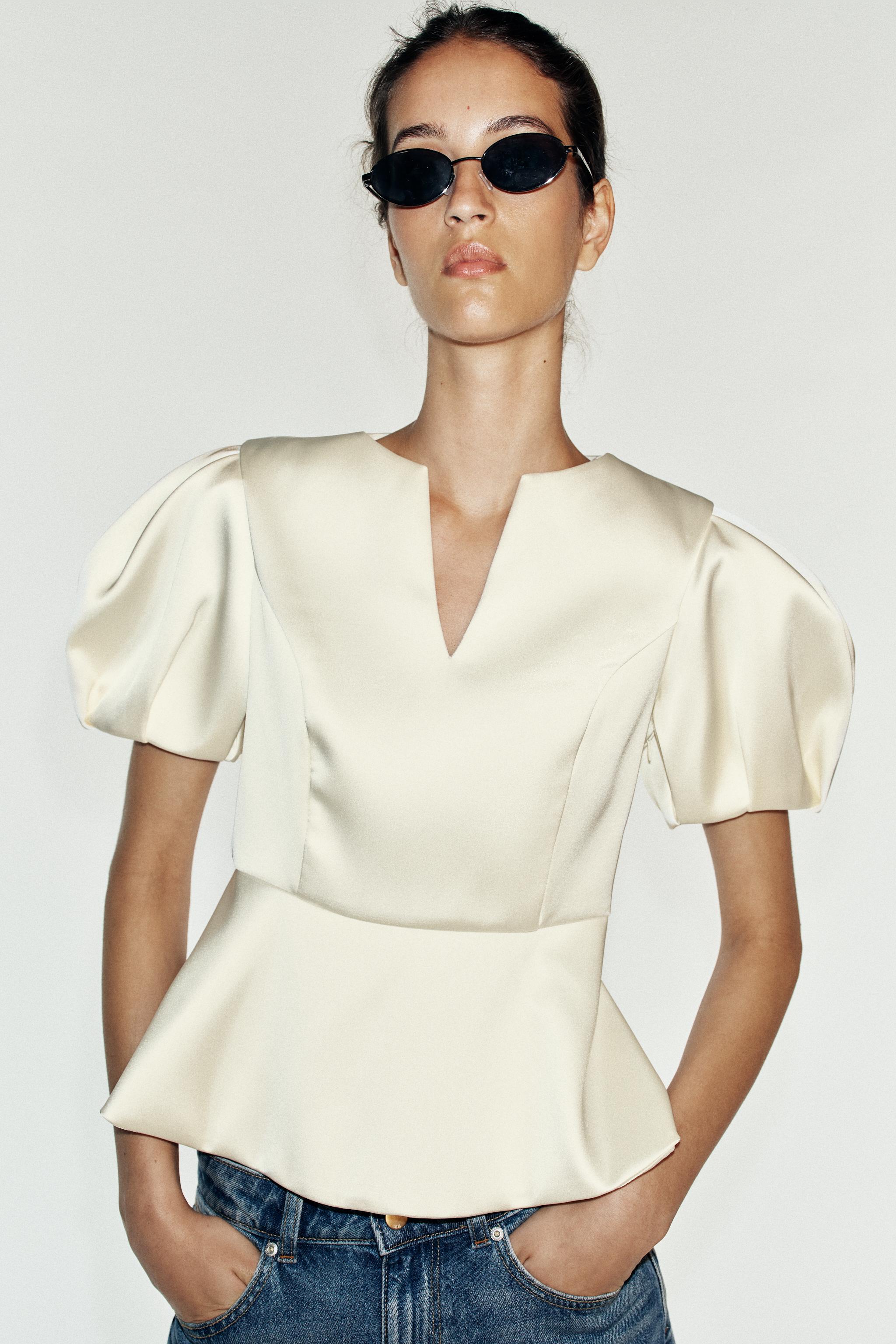 SATIN PUFF SLEEVE TOP — Oyster-white