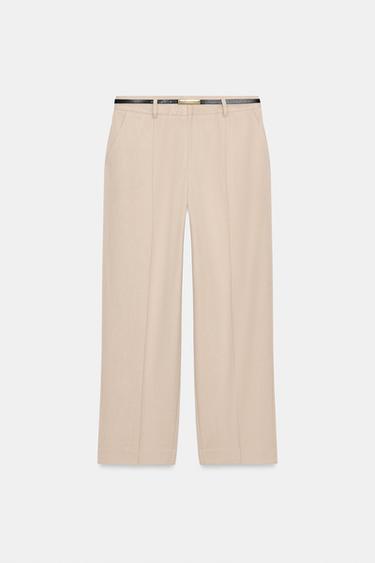 Zara STRAIGHT LEG BELTED PANTS - Beige