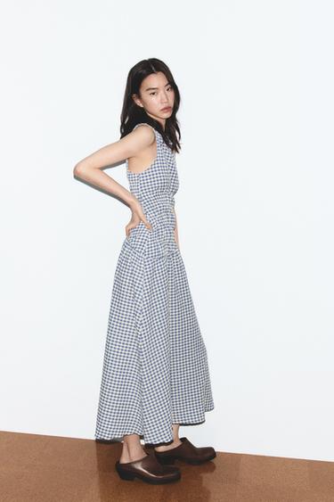 Zara GINGHAM MIDI DRESS - Blue / White