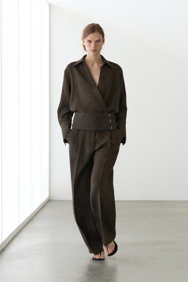 Zara Total look melange linen darted trousers - Black gold - Image 0