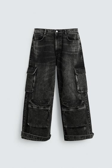 DENIM CARGO TROUSERS WITH POCKETS - Charcoal by Zara