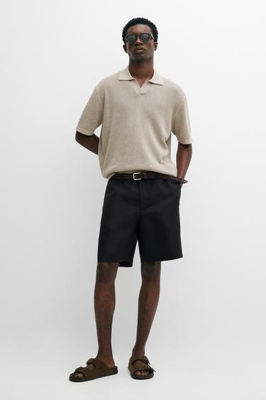 Zara Cotton-blend V-neck knit polo shirt - Mink
