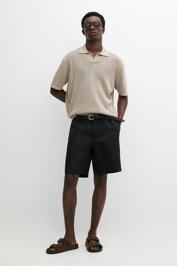 Zara Cotton-blend V-neck knit polo shirt - Mink - Image 0