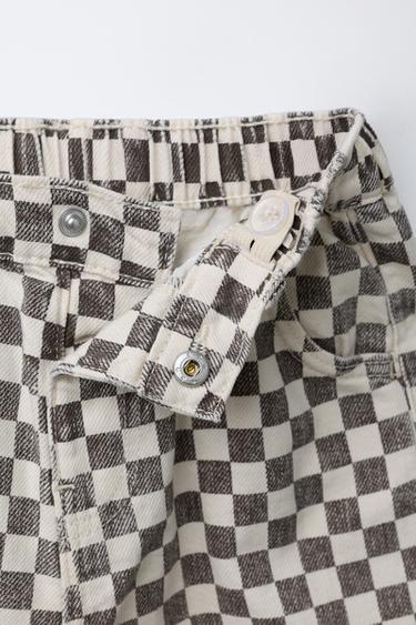 PANTALON BAGGY EN SERGÉ À CARREAUX DAMIER - Écru / Marron de Zara - Image 3