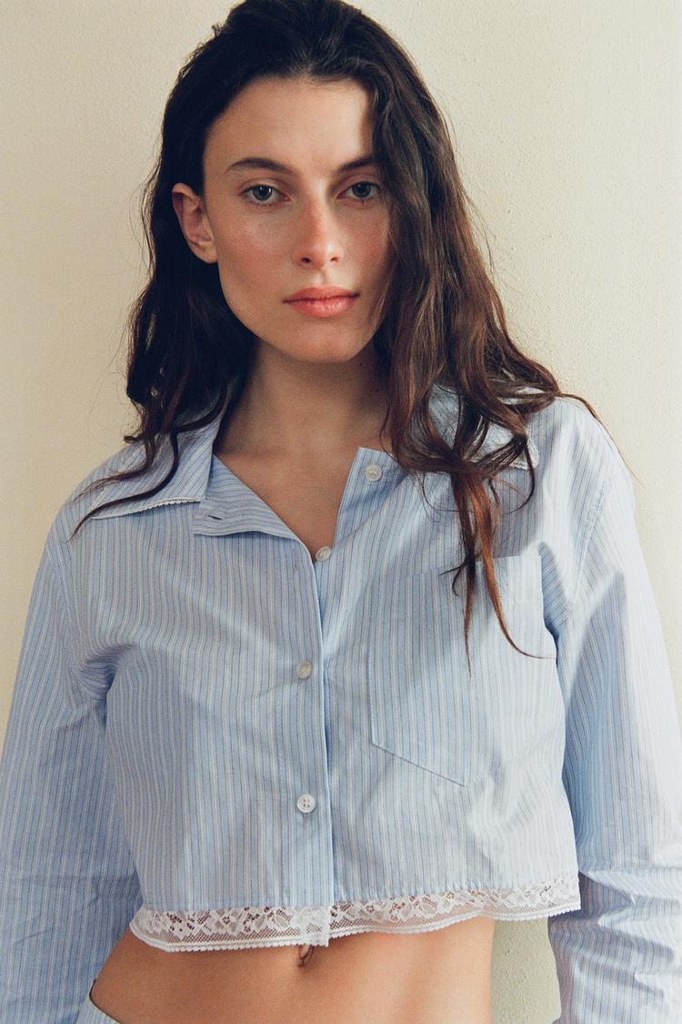 Camisa De Vestir Tipo Crop Top CAMISA CROP Y TOP RAYAS ENCAJE Azul
