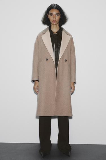 CONTRASTING WOOL DOUBLE-BREASTED COAT - Mink by Zara - Image 0