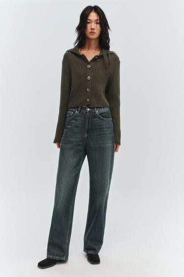 RIB KNIT CARDIGAN WITH BUTTONS - Dark khaki by Zara