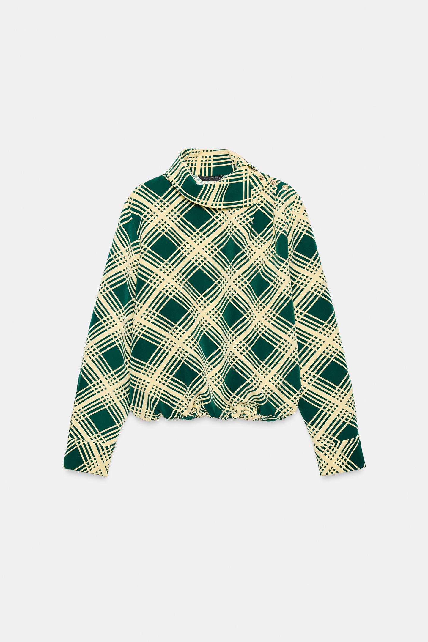 Женская блузка Zara Plaid Shoulder Button Blouse, цвет: Зелёный / Экрю — фото 6