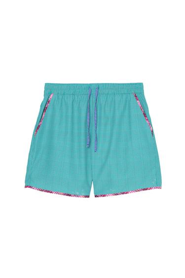 LONG CONTRAST CHECK SWIMMING TRUNKS - Green by Zara