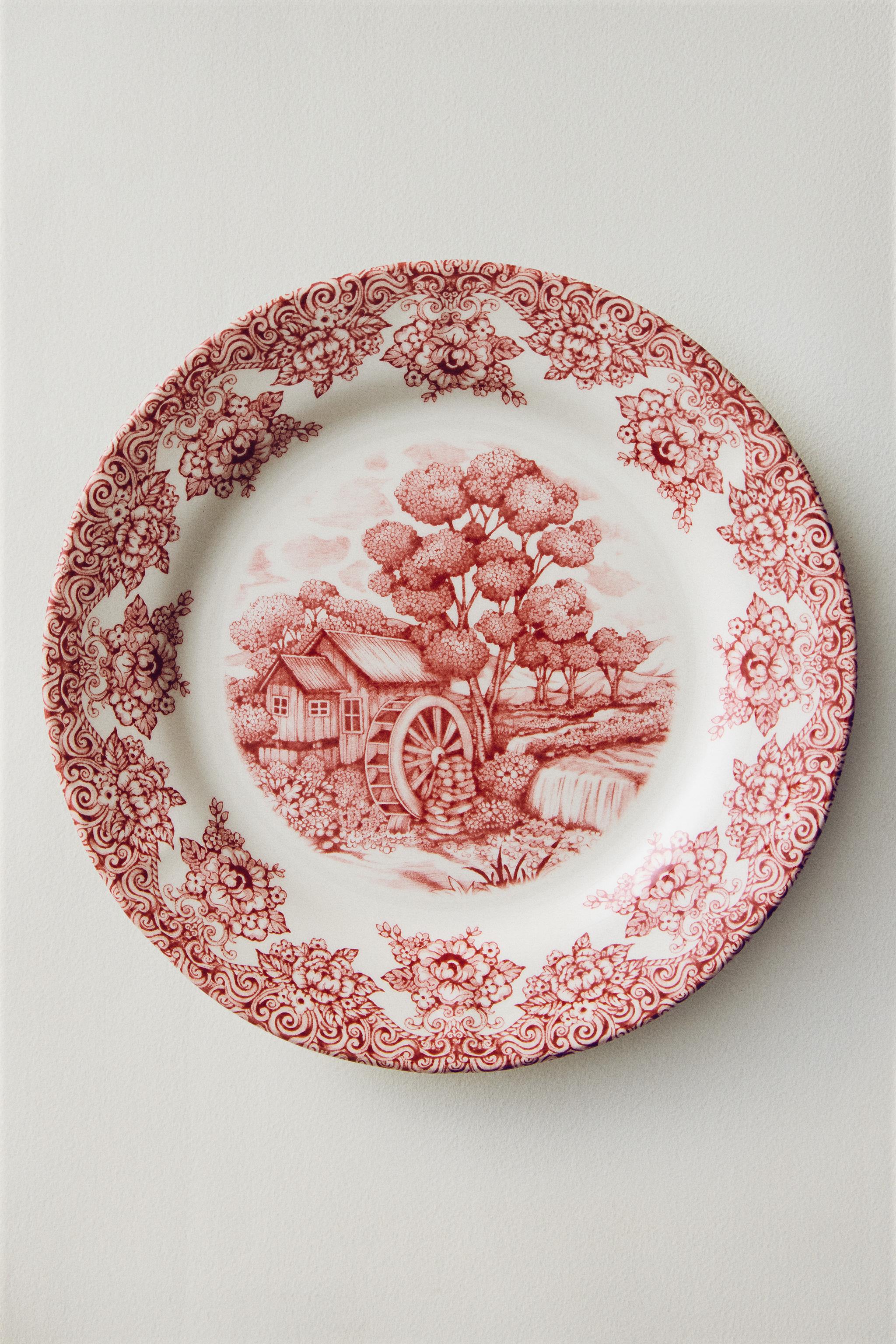 EARTHENWARE DINNER PLATE WITH FLOWERS AND LANDSCAPE