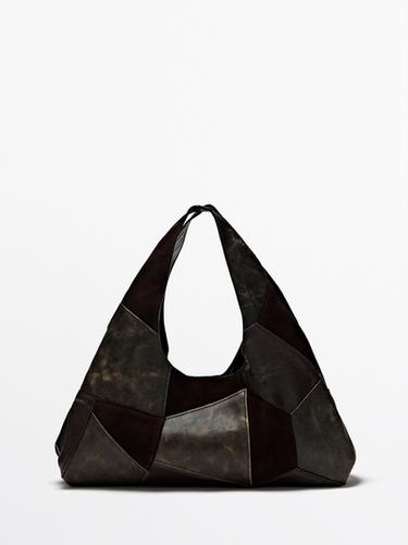 Sac patchwork moyen format en cuir finition daim - Marron de Zara