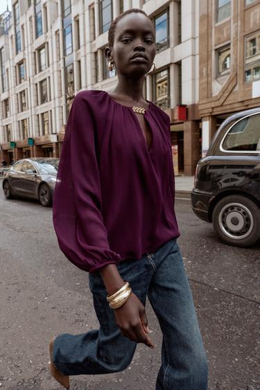 Zara SEMI-SHEER HARDWARE BLOUSE - Dark eggplant