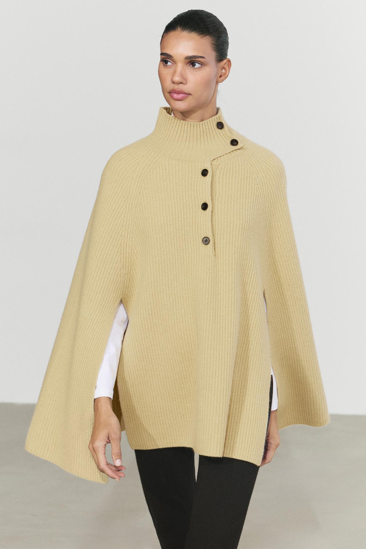 100% wool knit cape with button detail — Olive green