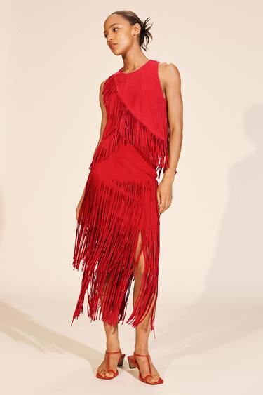 LIMITED EDITION SUEDE LEATHER FRINGE SKIRT - Red by Zara